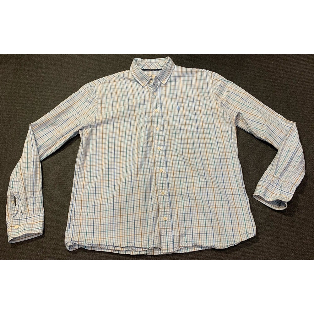 Johnnie O Men's Size XL Blue White Plaid 100% Cotton Button Down Shirt‎